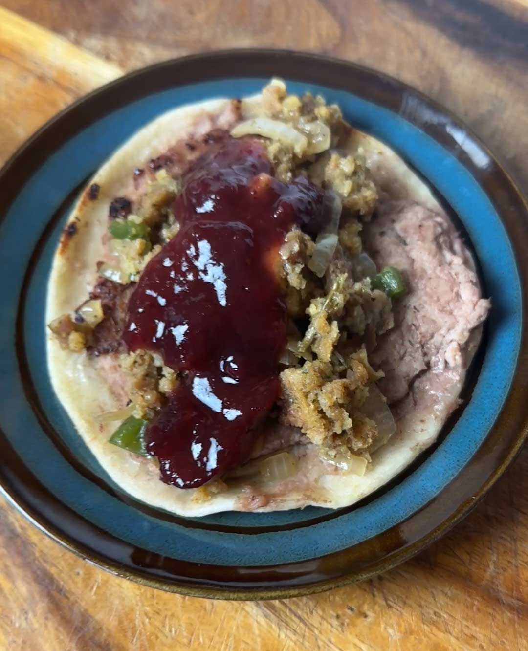 Turkey Smash Tacos with Dressing and Chipotle-Cranberry Sauce